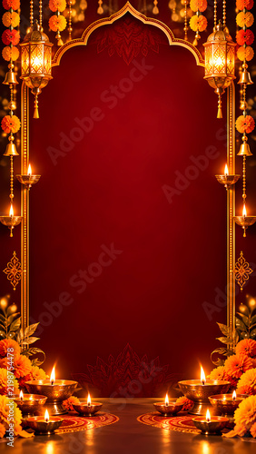 Diwali sale banner background with golden frame lanterns and diyas copy space
