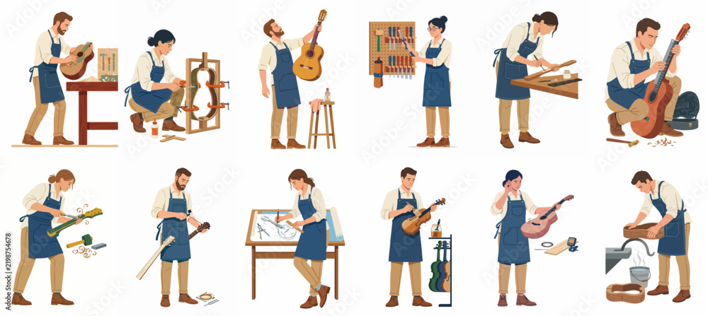 Fototapeta premium Set of vector illustrations depicting professional luthiers crafting, repairing, and tuning various acoustic and electric guitars in a studio workshop environment.