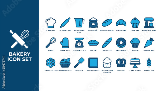 Flat bakery tools and food icons set illustration