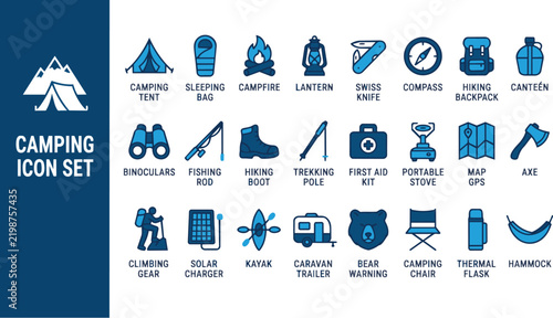 Flat camping icon set with outdoor gear illustrations