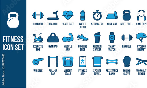 Flat fitness icons set with exercise equipment and accessories