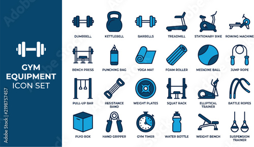 Flat gym equipment icon set illustration