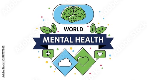 World mental health day awareness logo with brain and leaves