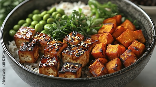 Healthy Vegan Buddha Bowl Glazed Tofu Roasted Sweet Potatoes Edamame Rice Concept Background 3D Render   