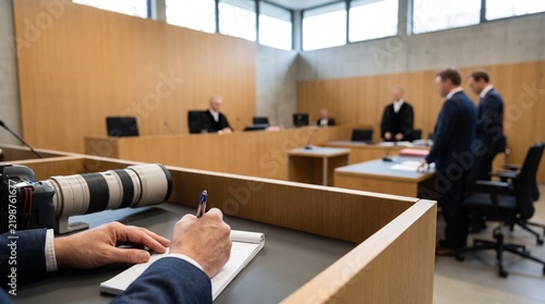 Courtroom scene with photographer and legal professionals