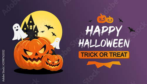Happy Halloween greeting card with spooky jack-o'-lantern pumpkins, ghosts, haunted castle, bats and full moon, featuring Trick or Treat text