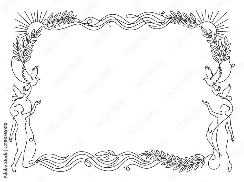 Obraz premium Continuous one-line minimalist frame featuring empowered woman, soaring bird, and botanical laurel branch