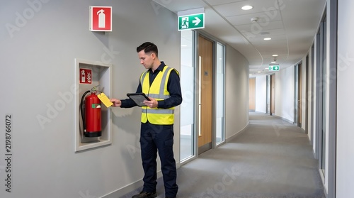Safety technician checking a fire extinguisher in an office hallway