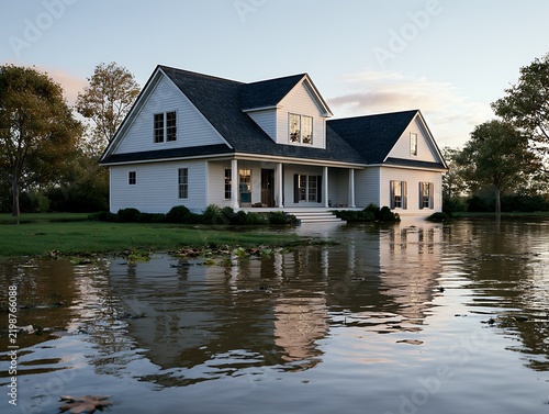 Beautiful luxury house standing on a small island surrounded by flood water
