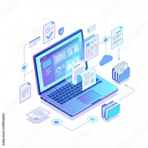 Isometric laptop managing digital documents and data files online