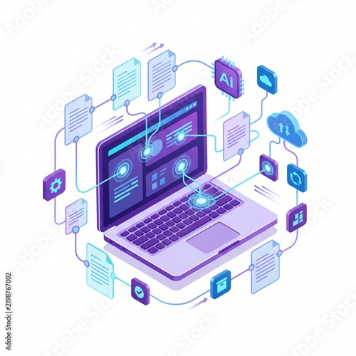 Isometric laptop processing big data and artificial intelligence nodes