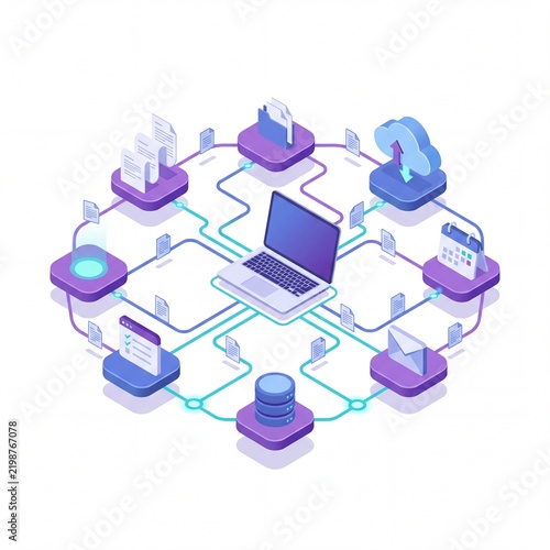 Isometric laptop connected to data network and cloud storage