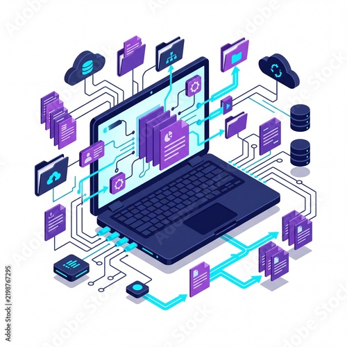 Isometric laptop managing digital data and cloud storage network