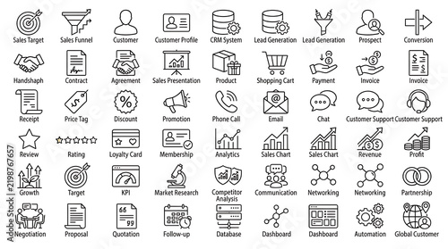 Line art vector icon grid representing sales funnel, customer relationship management, invoicing, marketing promotion, customer support, data analytics, market research, and global business.