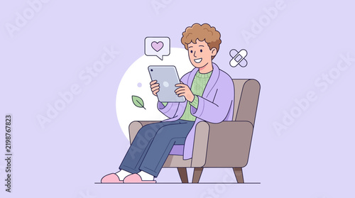 Man using tablet on armchair, online communication, lifestyle illustration