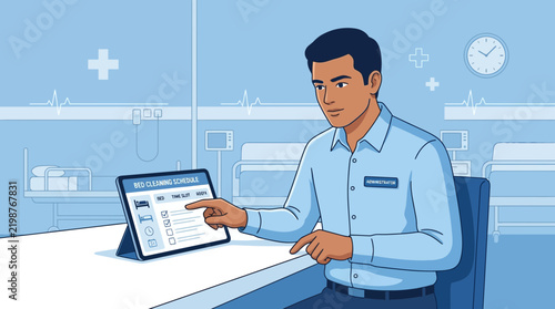 Man using tablet in hospital room, healthcare technology concept