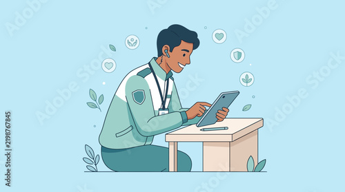 Man Using Tablet With Icons, Isolated on Transparent Background