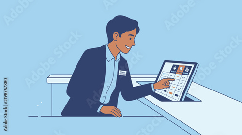 Man Using Touchscreen Interface for Medical Check-in or Appointment Booking
