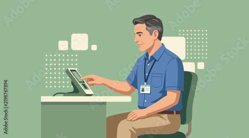 Man using touchscreen kiosk for digital check-in or information access