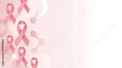 Pink ribbons arranged in a decorative pattern over a soft gradient background to represent breast cancer awareness month with elegant fluid shapes and clean modern design for health campaigns today