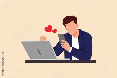 Happy young man shopping online with a laptop during Single’s Day. Single's day concept. Colored flat graphic vector ilustration isolated