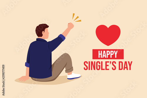 Happy man reaching toward a heart while celebrating Single’s Day and embracing self-love. Single's day concept. Colored flat graphic vector ilustration isolated