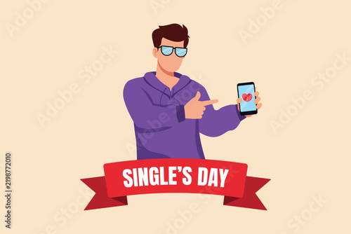Young man holding a smartphone while celebrating Single’s Day with a festive banner. Single's day concept. Colored flat graphic vector ilustration isolated