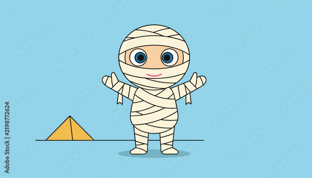 Obraz premium Friendly cartoon mummy wrapped in bandages standing on a blue background with a golden pyramid in the distance.