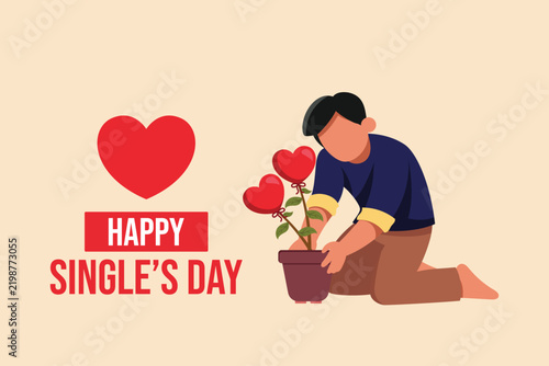 Happy man arranging a bouquet of flowers for a Single’s Day celebration, with a heart and greeting message. Single's day concept. Colored flat graphic vector ilustration isolated