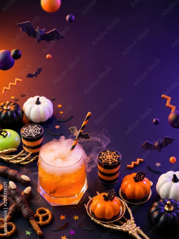 Naklejka premium Spooky Halloween cocktail and gourmet treats with dry ice mist and copy space on purple background.