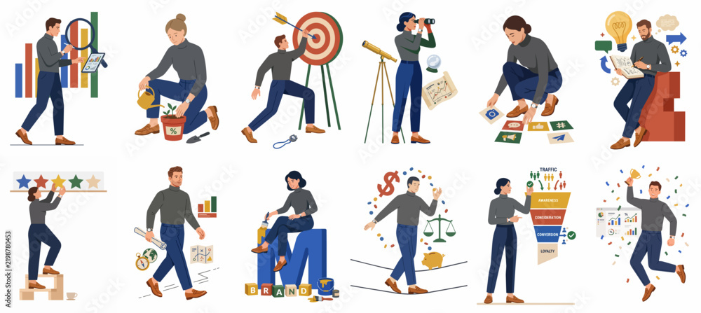 Fototapeta premium Collection of Diverse Business Concept Illustrations Showing People Engaged in Analysis, Growth, Target Setting, Strategy, Marketing, and Celebrating Success in Modern Flat Style.