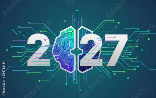 Futuristic 2027 New Year Concept Featuring Artificial Intelligence Brain and Digital Circuitry Background