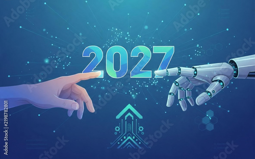 Human Hand Reaching Towards Robotic Hand Symbolizing Future Artificial Intelligence Integration in the Year 2027
