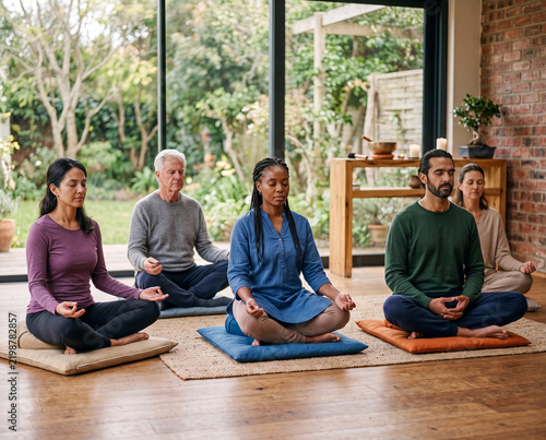 Diverse people meditating together finding inner peace