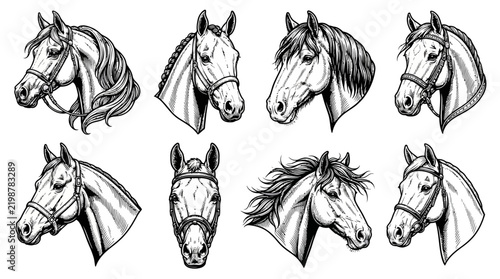 Set of detailed horse head illustrations in black and white ink sketch style.