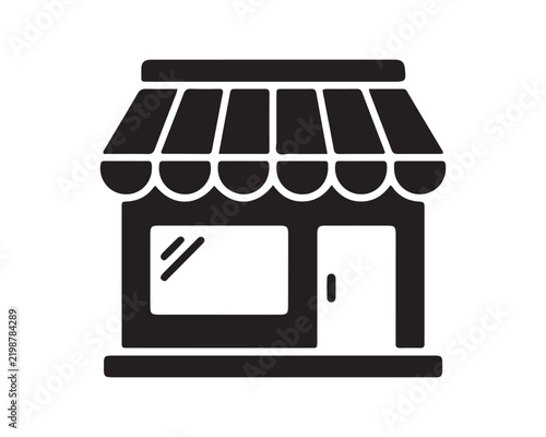 Black storefront shop icon with awning and door retail store business building small business market stall building facade shopping center