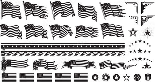 Set of black and white American flag vector icons