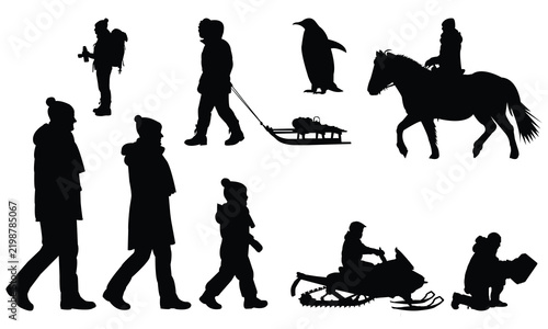 Winter activities black silhouettes set showing people engaging in seasonal outdoor recreation like walking sledding horse riding.