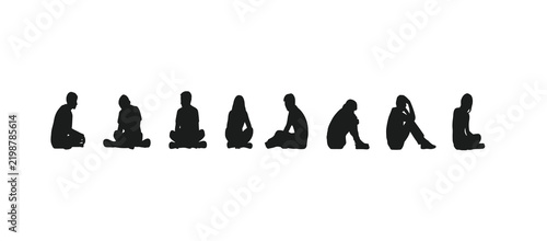 Принти на полотні Silhouettes of diverse people sitting in various contemplative or distressed poses, representing a range of emotions