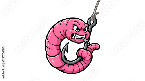 Angry pink earthworm cartoon character biting a fishing hook illustration