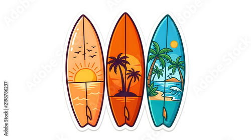 Three colorful surfboards with tropical beach sunset art illustration