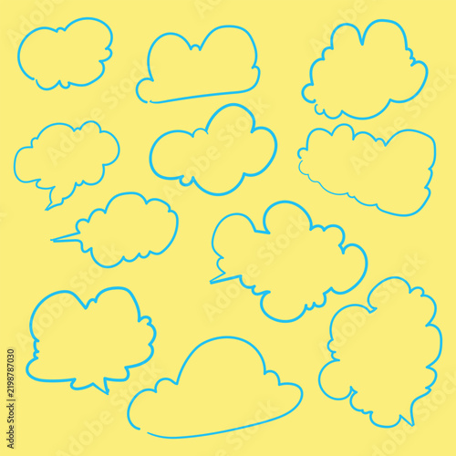 Hand Drawn Cute Blue Lineart Cloud Set for Sky Weather Nursery and Whimsical Design Elements