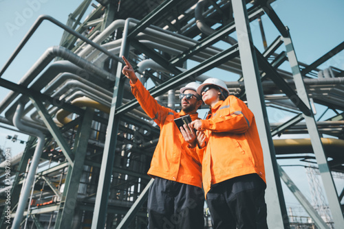 A team of petroleum engineers inspecting oil pipelines at a petroleum refinery.