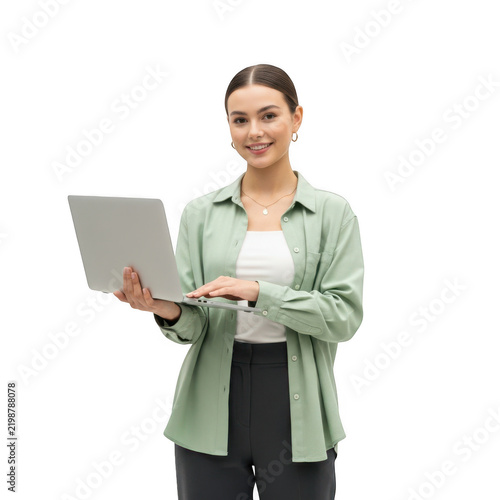 Young woman holding a laptop and smiling isolated on white background