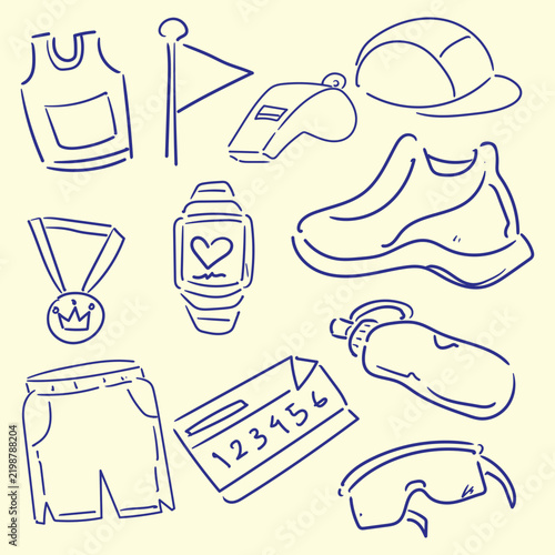 Hand Drawn Running Gear Equipment Clipart Set for Sport Marathon Race Event Decorations
