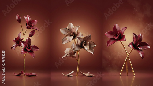 Three dark red floral sculptures on golden stems against a deep warm brown gradient background