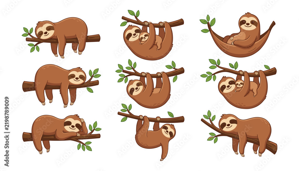 Fototapeta premium Cute cartoon sloth vector collection featuring happy wild animals hanging on tree branches sleeping and resting in hammock