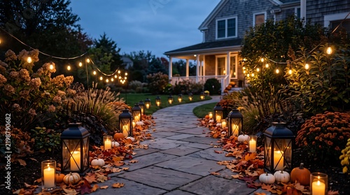 Stone pathway decorated with glowing lanterns and festive pumpkins leading to a cozy suburban cottage home