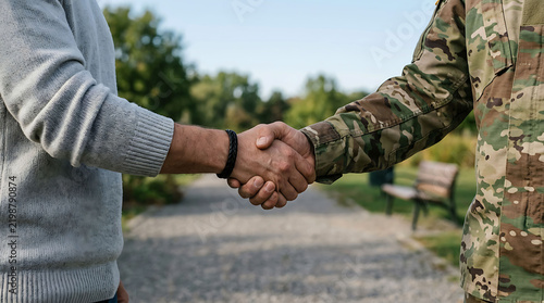 Close up of a man in a grey sweater shaking hands with a soldier in uniform