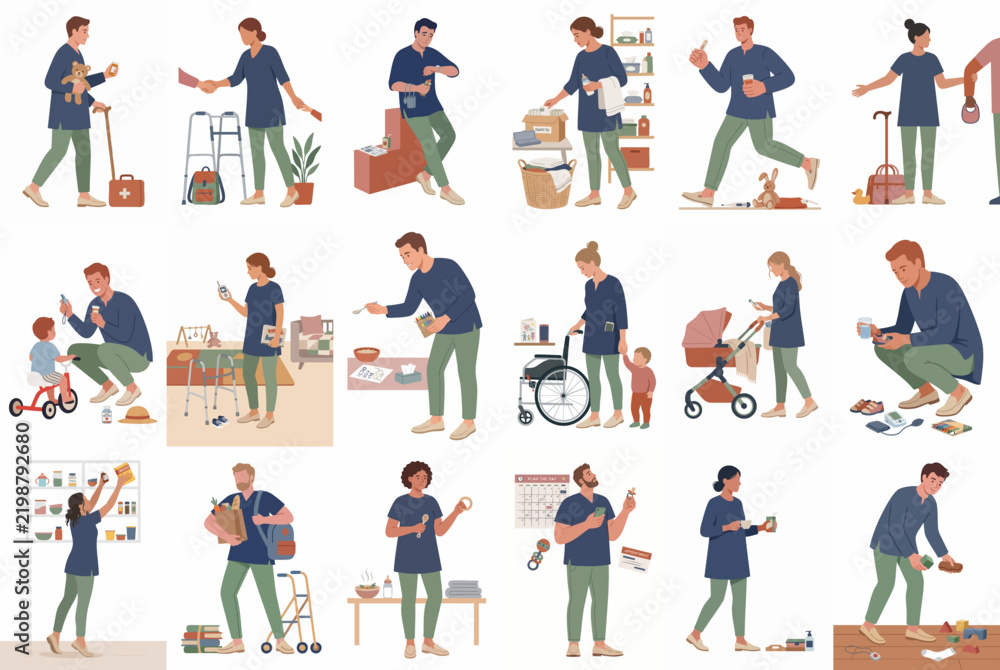 Fototapeta premium Vector Illustrations of Distracted People Multitasking with Smartphones During Everyday Activities